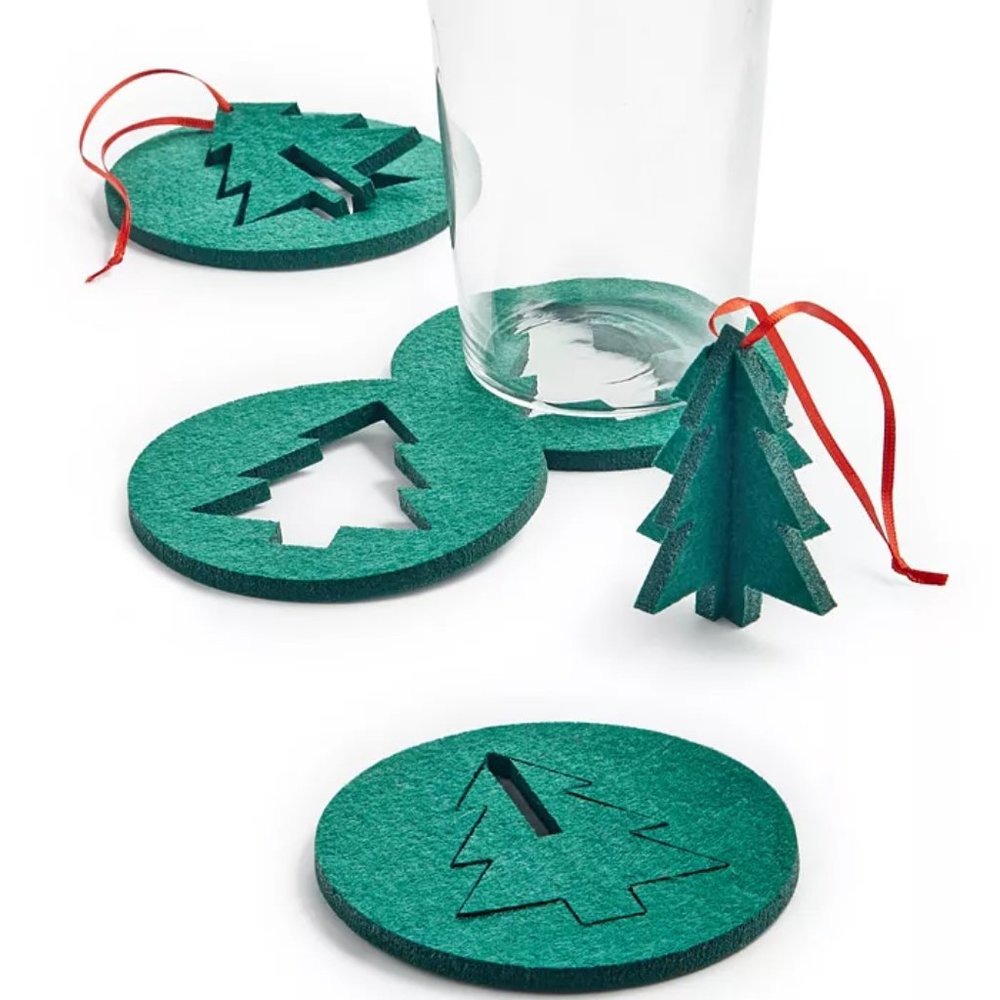 NIB The Cellar Holiday "Two In One Tree" Coaster And Ornament, Set of 4 Green